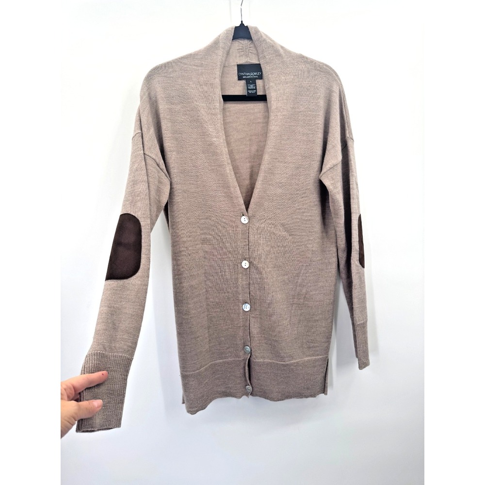 Cynthia Rowley 100% Merino Wool Cardigan Knit Sweater Large Elbow Patch Academia
